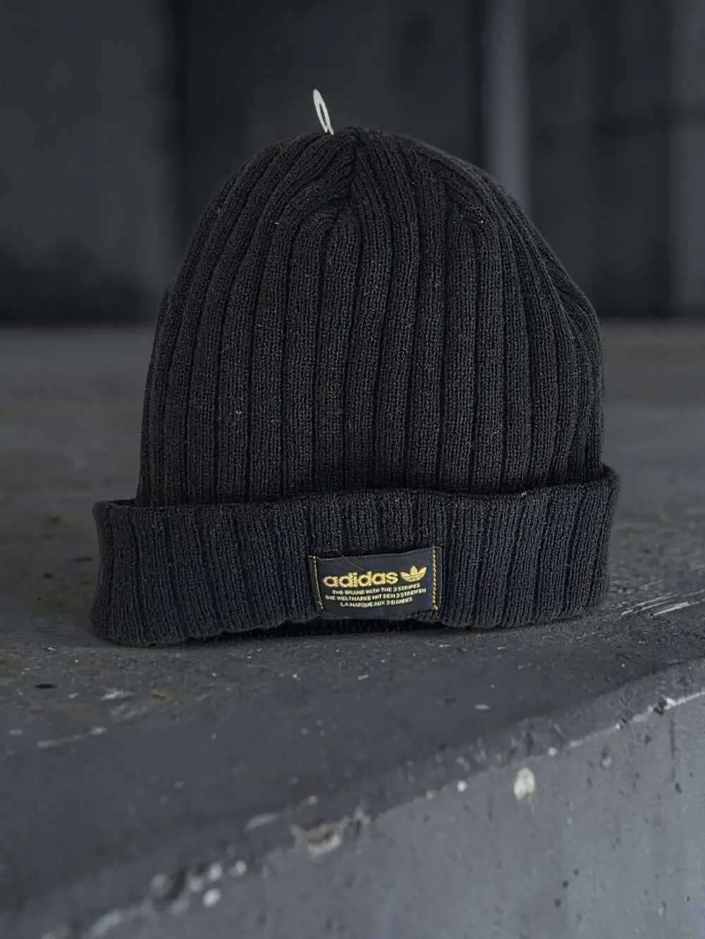 Adidas Originals Wide Ribbed Knit Beanie with Gold Trefoil Logo Patch